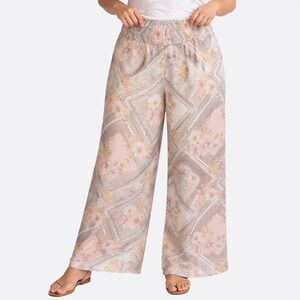 Regency Floral Scarf Print Satin Wide Leg Pants Romantic Pastel Pink Size Medium